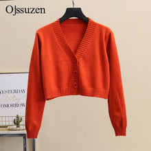 Load image into Gallery viewer, Women's Cropped Cardigan Sweaters Female With Button Black White Short Sweater V Neck Long Sleeve Sweater Women Knitted Cardigan