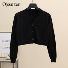 Load image into Gallery viewer, Women's Cropped Cardigan Sweaters Female With Button Black White Short Sweater V Neck Long Sleeve Sweater Women Knitted Cardigan