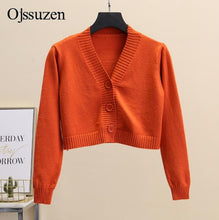 Load image into Gallery viewer, Women's Cropped Cardigan Sweaters Female With Button Black White Short Sweater V Neck Long Sleeve Sweater Women Knitted Cardigan