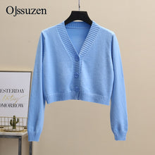 Load image into Gallery viewer, Women's Cropped Cardigan Sweaters Female With Button Black White Short Sweater V Neck Long Sleeve Sweater Women Knitted Cardigan