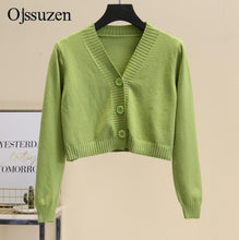 Load image into Gallery viewer, Women's Cropped Cardigan Sweaters Female With Button Black White Short Sweater V Neck Long Sleeve Sweater Women Knitted Cardigan