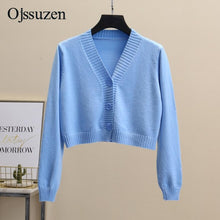 Load image into Gallery viewer, Women's Cropped Cardigan Sweaters Female With Button Black White Short Sweater V Neck Long Sleeve Sweater Women Knitted Cardigan