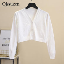 Load image into Gallery viewer, Women's Cropped Cardigan Sweaters Female With Button Black White Short Sweater V Neck Long Sleeve Sweater Women Knitted Cardigan