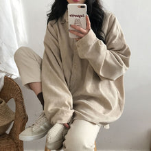 Load image into Gallery viewer, Corduroy Women Shirts Korean Elegant Solid Single Breasted Loose Female Tops Spring Autumn Long Sleeve Blouse Minimalist