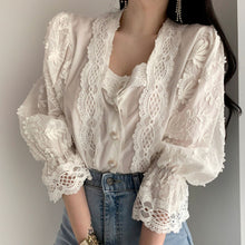 Load image into Gallery viewer, Korena Sweet Puff Sleeve Blouse 2020 Designer Fashion Spring Autumn Elegant Lace Patchwork Women Shirts Female Tops Work Wear