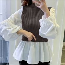 Load image into Gallery viewer, 2020 Spring Long Sleeve Blouse Korean Office Ladies Elegant Chic Fake Two Piece Patchwork Shirts Causal Femele Tops Black/Gray