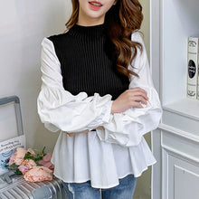 Load image into Gallery viewer, 2020 Spring Long Sleeve Blouse Korean Office Ladies Elegant Chic Fake Two Piece Patchwork Shirts Causal Femele Tops Black/Gray