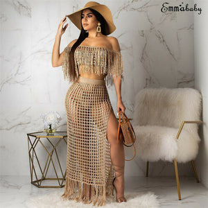 2019 Womens Off Shoulder Cover up See-through Hollow Sleeveless Tassel Summer Bathing Suit Solid Bikinis 2Pcs Swimwear Swimsuit