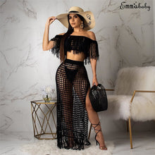 Load image into Gallery viewer, 2019 Womens Off Shoulder Cover up See-through Hollow Sleeveless Tassel Summer Bathing Suit Solid Bikinis 2Pcs Swimwear Swimsuit
