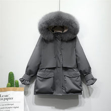 Load image into Gallery viewer, Fitaylor Winter Jacket Women Large Natural Fox Fur White Duck Down Coat Thick Parkas Warm Sash Tie Up Zipper Down Snow Outerwear
