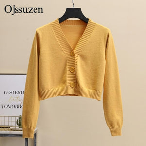 Women's Cropped Cardigan Sweaters Female With Button Black White Short Sweater V Neck Long Sleeve Sweater Women Knitted Cardigan