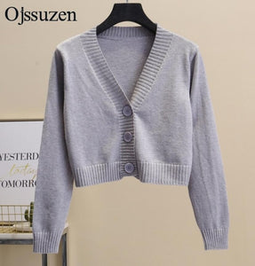 Women's Cropped Cardigan Sweaters Female With Button Black White Short Sweater V Neck Long Sleeve Sweater Women Knitted Cardigan