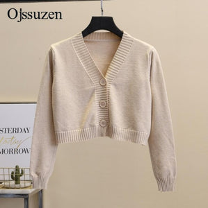 Women's Cropped Cardigan Sweaters Female With Button Black White Short Sweater V Neck Long Sleeve Sweater Women Knitted Cardigan