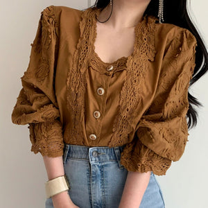 Korena Sweet Puff Sleeve Blouse 2020 Designer Fashion Spring Autumn Elegant Lace Patchwork Women Shirts Female Tops Work Wear