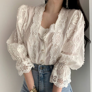 Korena Sweet Puff Sleeve Blouse 2020 Designer Fashion Spring Autumn Elegant Lace Patchwork Women Shirts Female Tops Work Wear