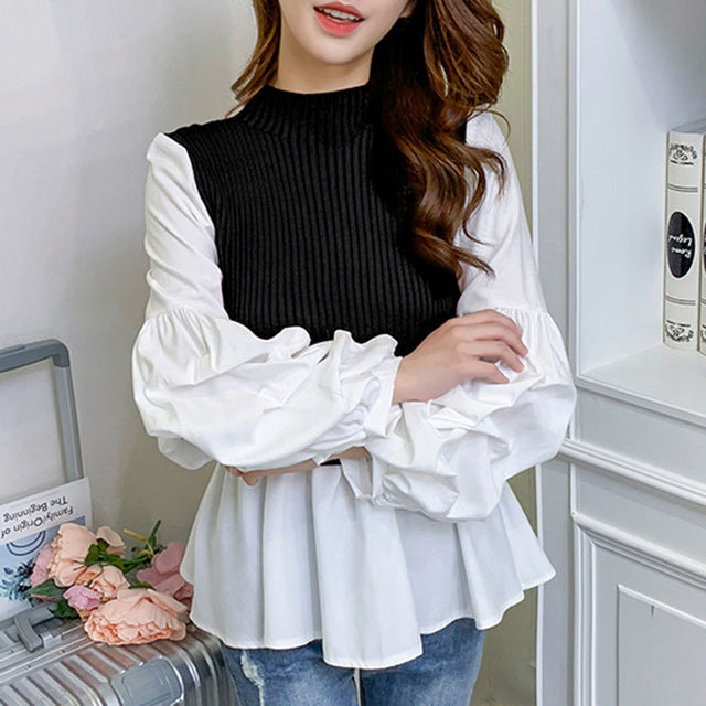 2020 Spring Long Sleeve Blouse Korean Office Ladies Elegant Chic Fake Two Piece Patchwork Shirts Causal Femele Tops Black/Gray