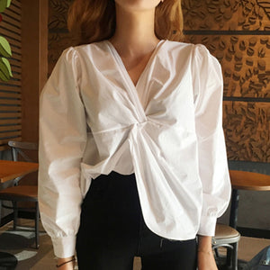 Spring Long Sleeve Twisted Blouse 2020 Korean Designer Fashion Autumn Solid White V Neck  Women Shirts Office Ladies Tops Work